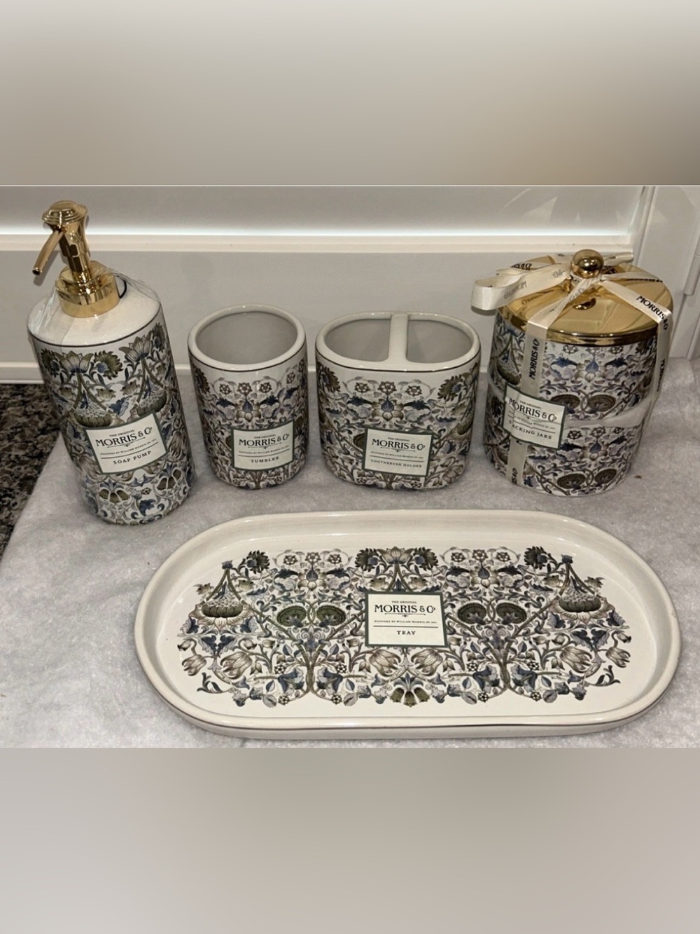 Morris & Co White Ceramic Vanity Set 5 Piece Artichoke Floral Blue *note